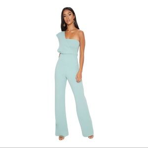 PLT Petite Mint Drape One Shoulder Jumpsuit